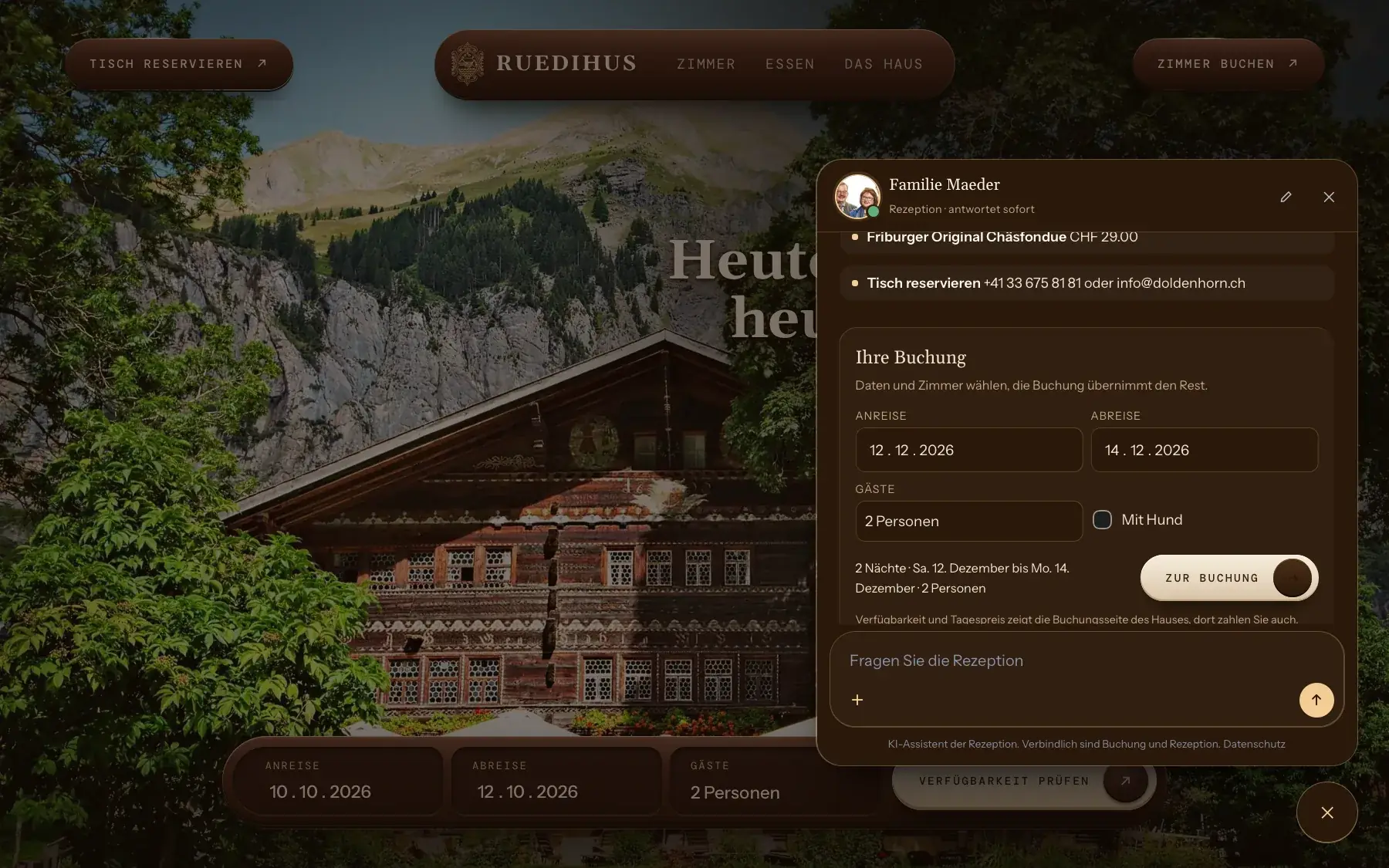 Die Website des Landgasthof Ruedihus mit offener Rezeption: Antwort und Buchungsmaske im Gespräch