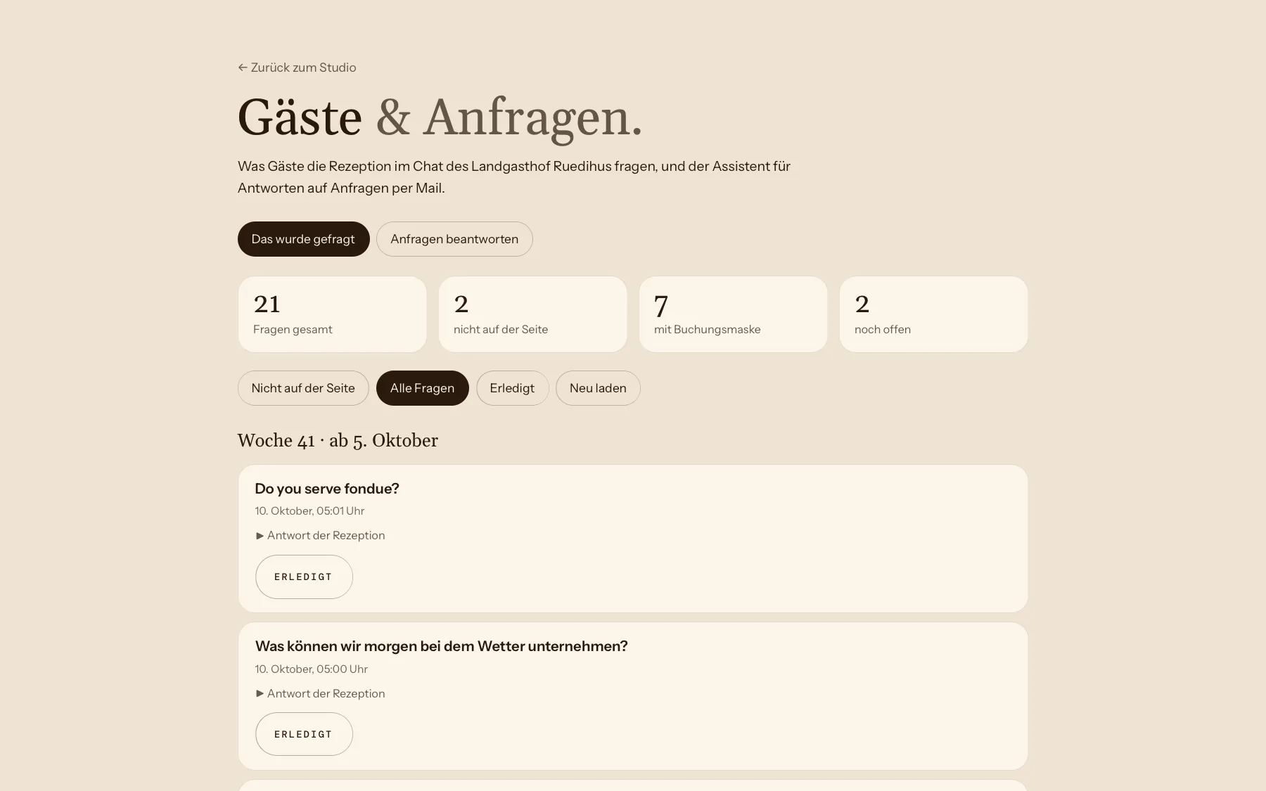 Studio des Landgasthof Ruedihus, Seite «Gäste & Anfragen» mit den Fragen der Woche
