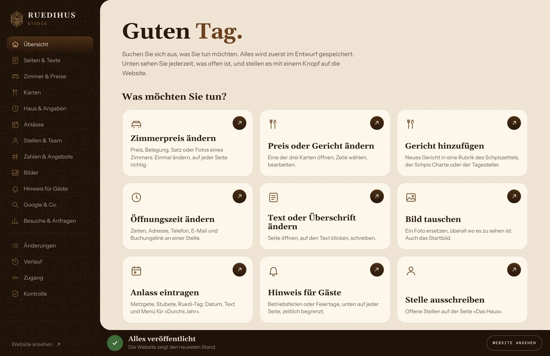 Das Studio des Landgasthof Ruedihus: die Übersicht mit der Frage «Was möchten Sie tun?»